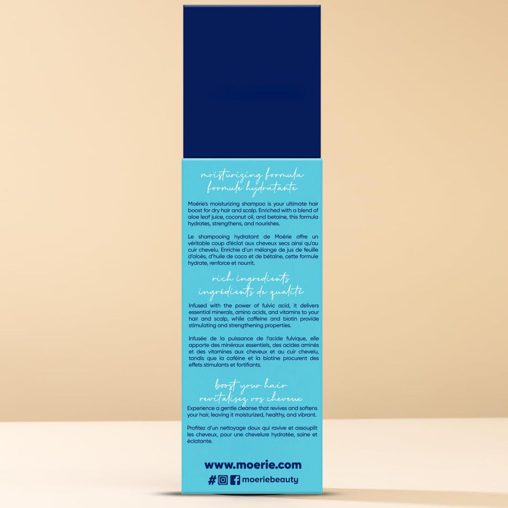 Moerie shampoo bottle on bathroom counter, simple routine for busy days.