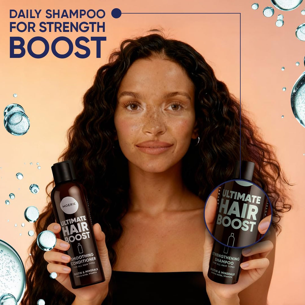 Moerie lather on scalp illustrates cleansing action and potential nourishment.