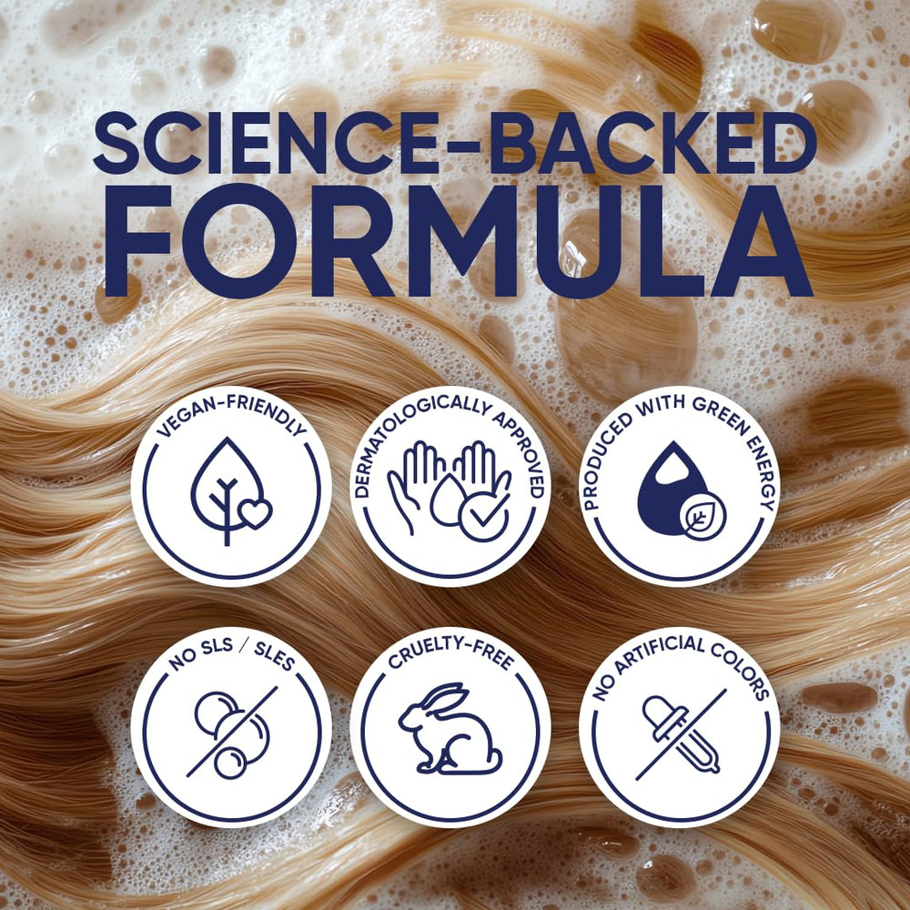 Moerie shampoo in shower scene suggests easy daily routine for all hair types.