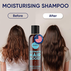 Moerie Ultimate Hair Growth Shampoo ingredients panel shows minerals and amino acids for healthier look.