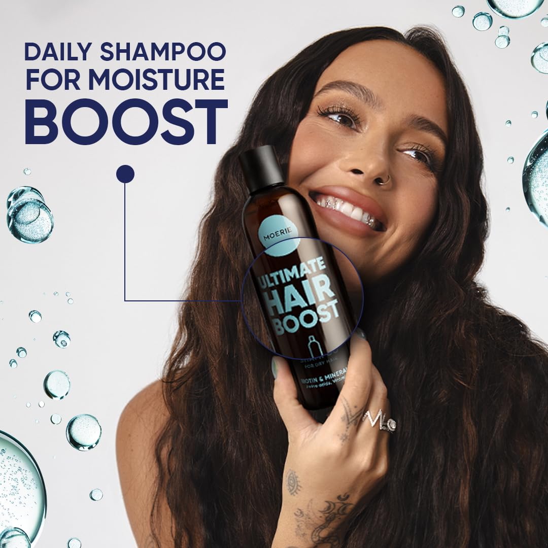 Moerie Ultimate Hair Growth Shampoo natural-origin formula label emphasizing cruelty-free and paraben-free.