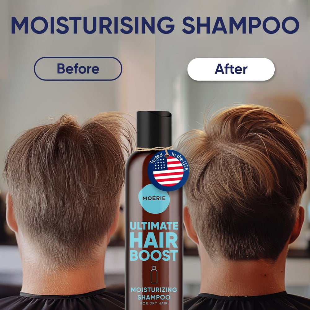 Moerie Ultimate Hair Growth Shampoo pump application demonstrates even distribution on scalp.