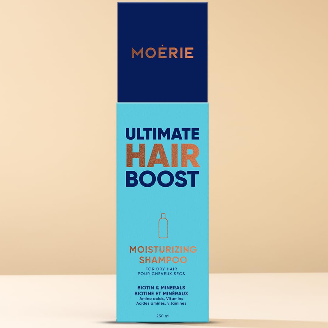 Moerie bottle with vegan and cruelty-free icons, ethical hair care.