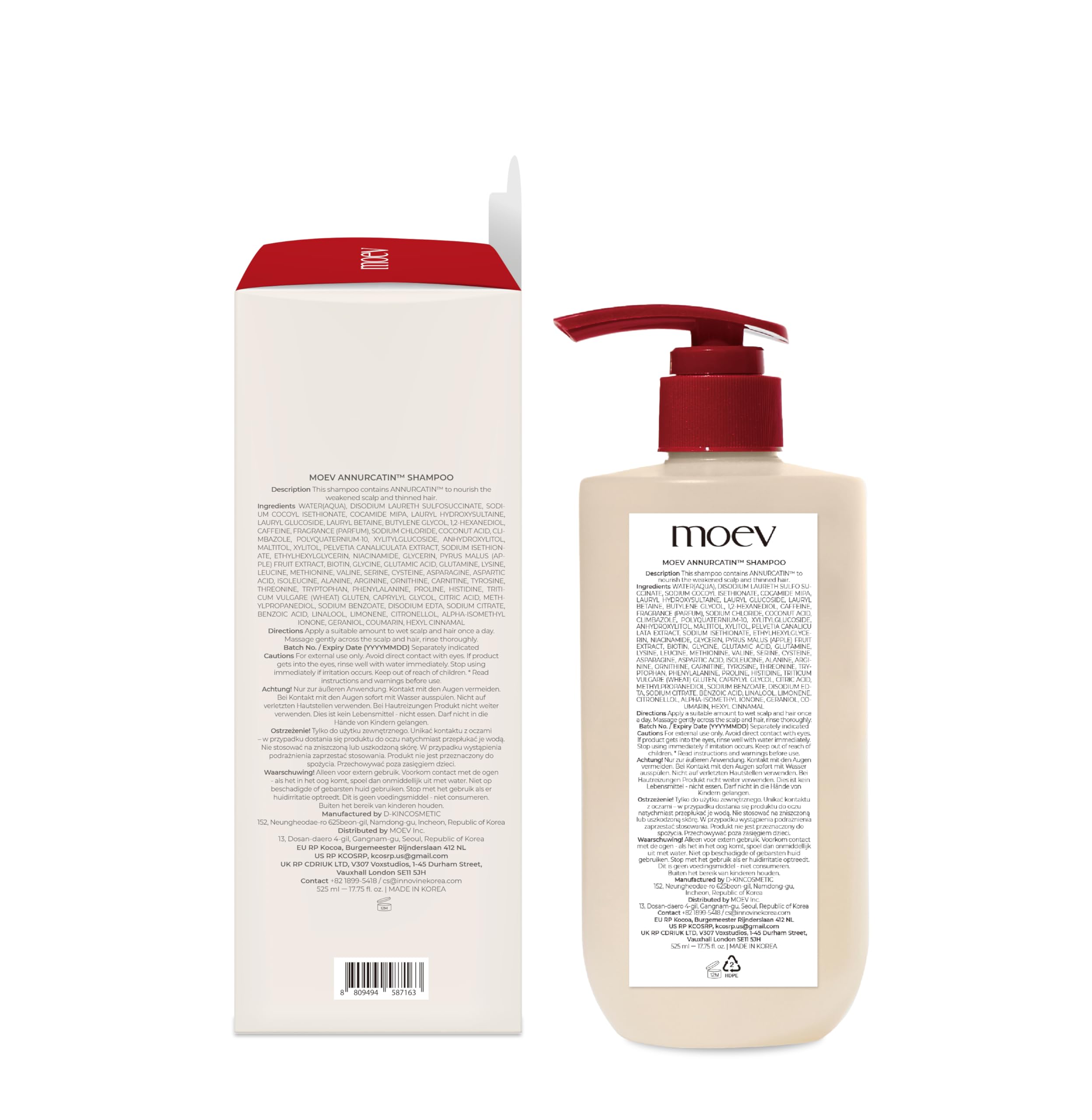 MOEV Annurcatin Shampoo label notes apple extract potency and natural formula.