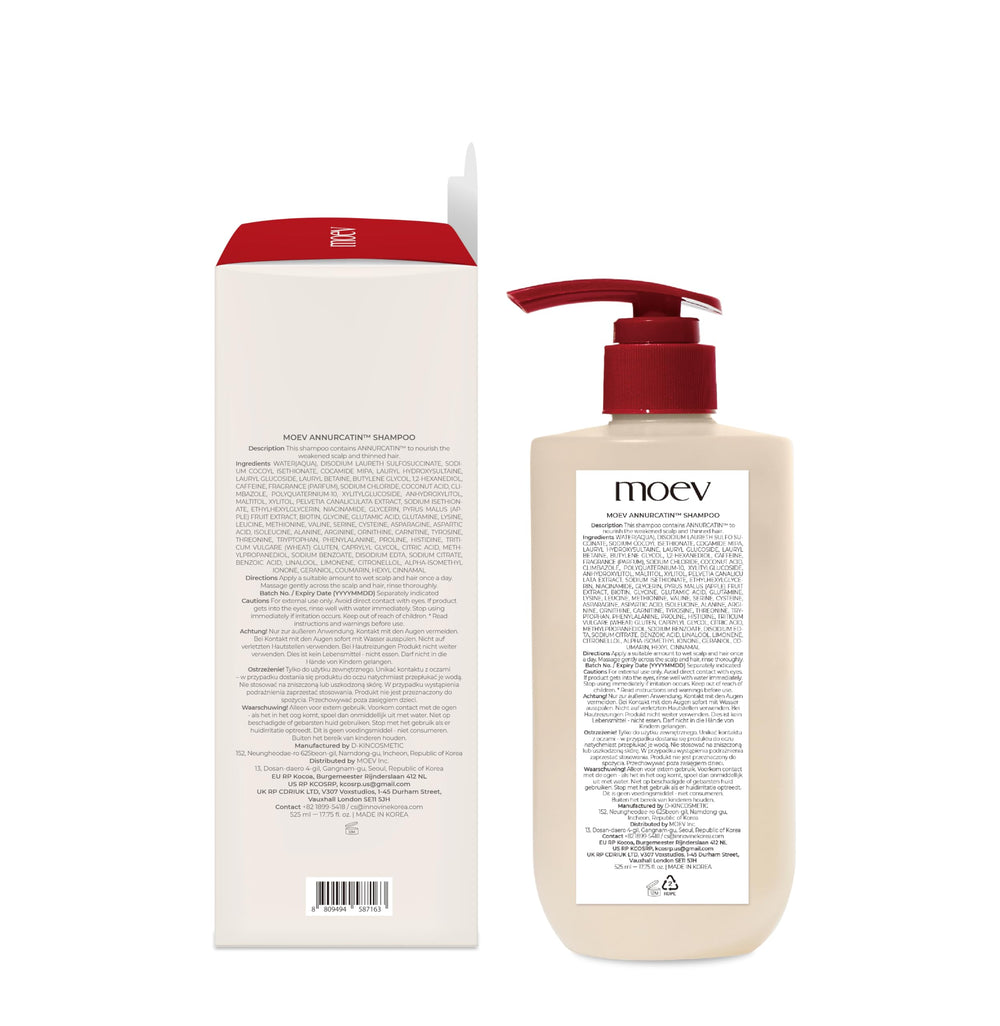 MOEV Annurcatin Shampoo label notes apple extract potency and natural formula.