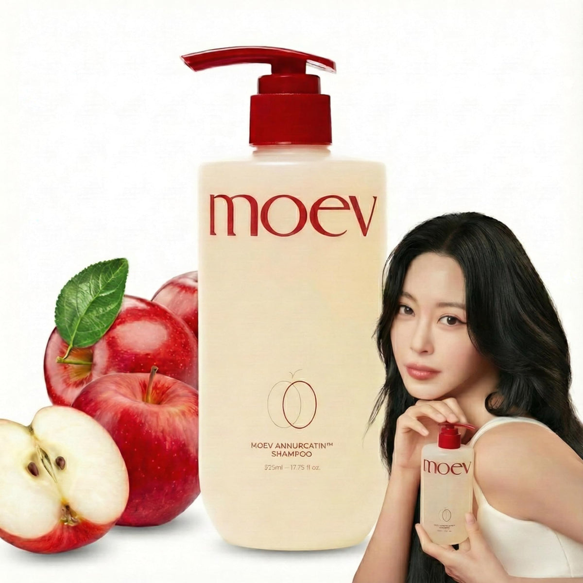 MOEV Annurcatin Shampoo bottle with apple extract for fuller-looking hair.