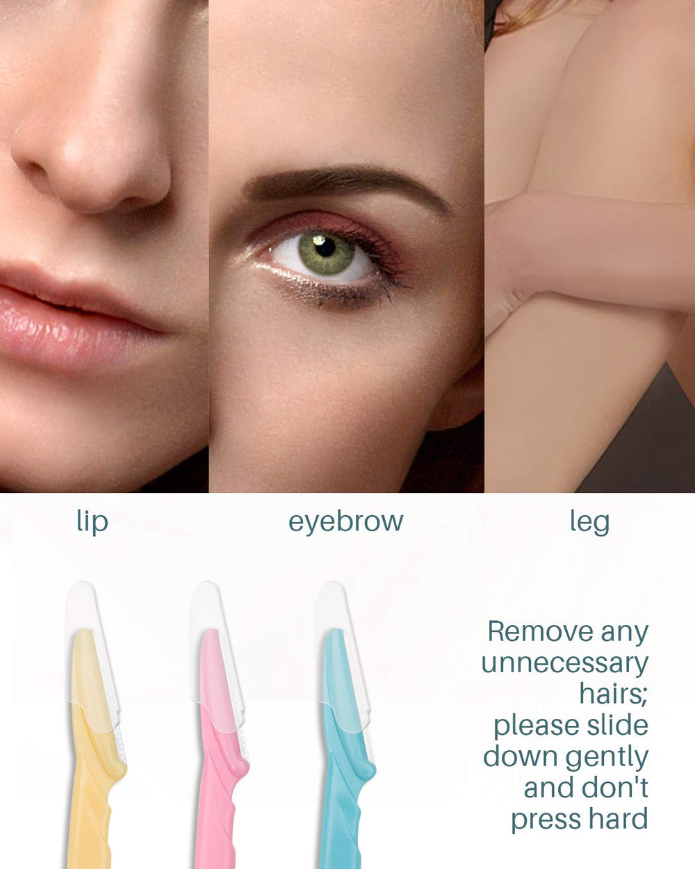 MoHern dermaplane razor in use on the cheek demonstrates peach fuzz removal.