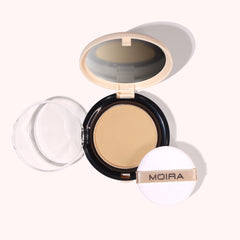 Moira Complete Wear Powder Foundation being applied for a smooth, buildable matte finish.