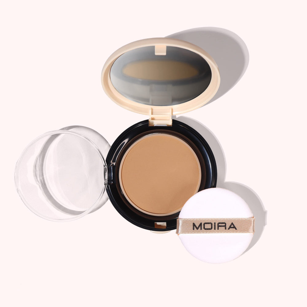 Moira Complete Wear Powder Foundation jar showing buildable coverage and natural matte finish.
