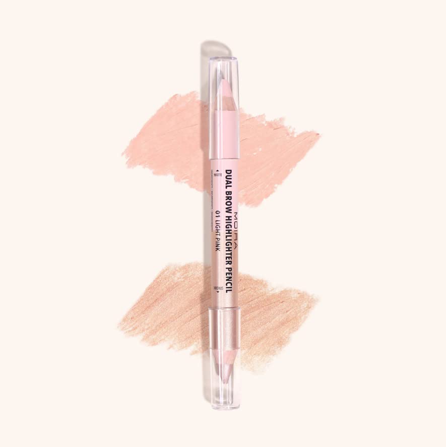 Moira Dual Brow Highlighter Pencil 001 Light Pink cap defines the brow arch for definition.