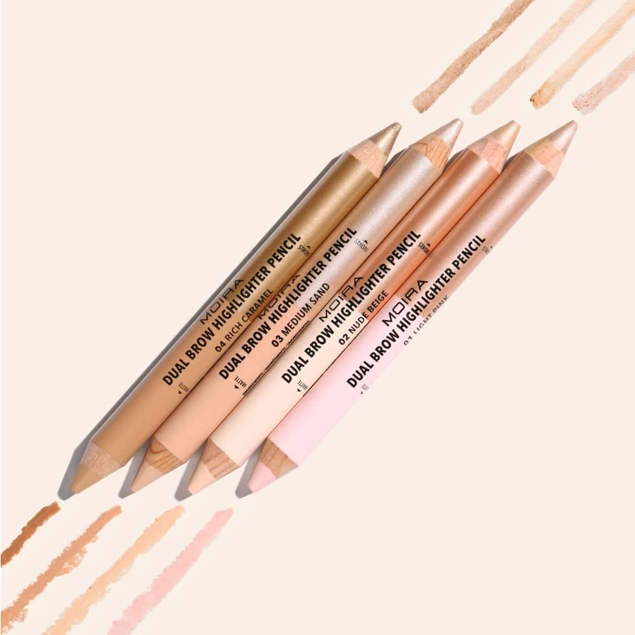 Moira Dual Brow Highlighter Pencil packaging and double-ended design for travel.