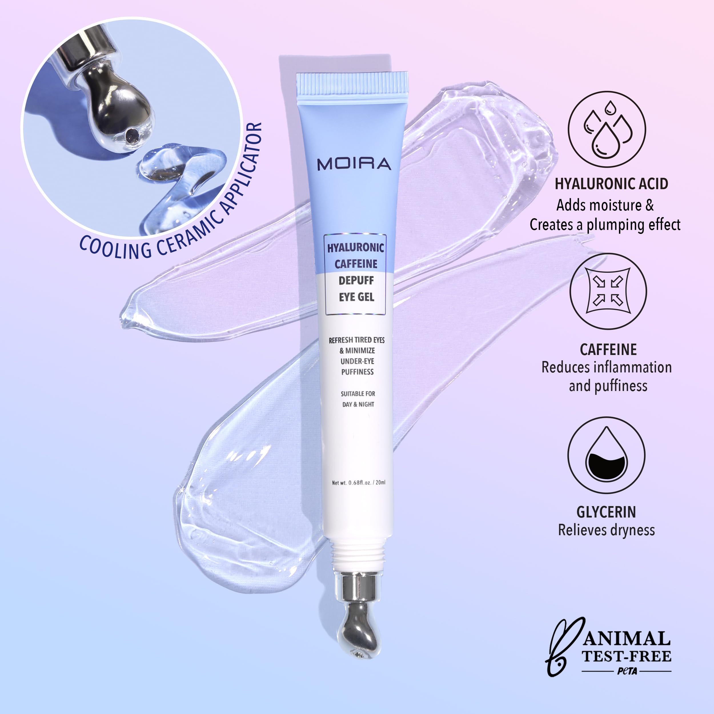 Moira Hyaluronic Caffeine Eye Gel applicator enables precise, soothing application.