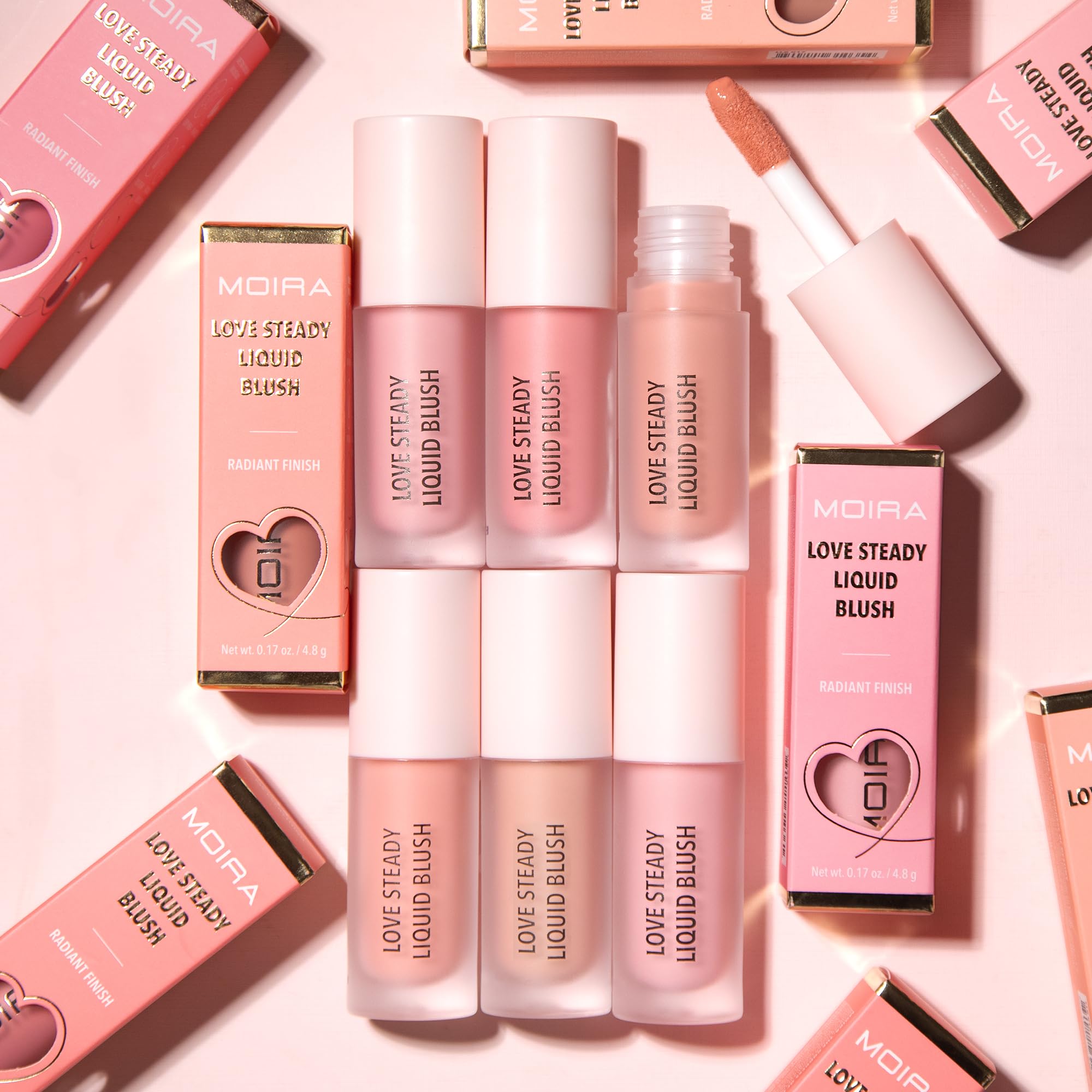 Moira Love Steady Liquid Blush Radiant Finish swatch shows buildable pigment for seamless color.