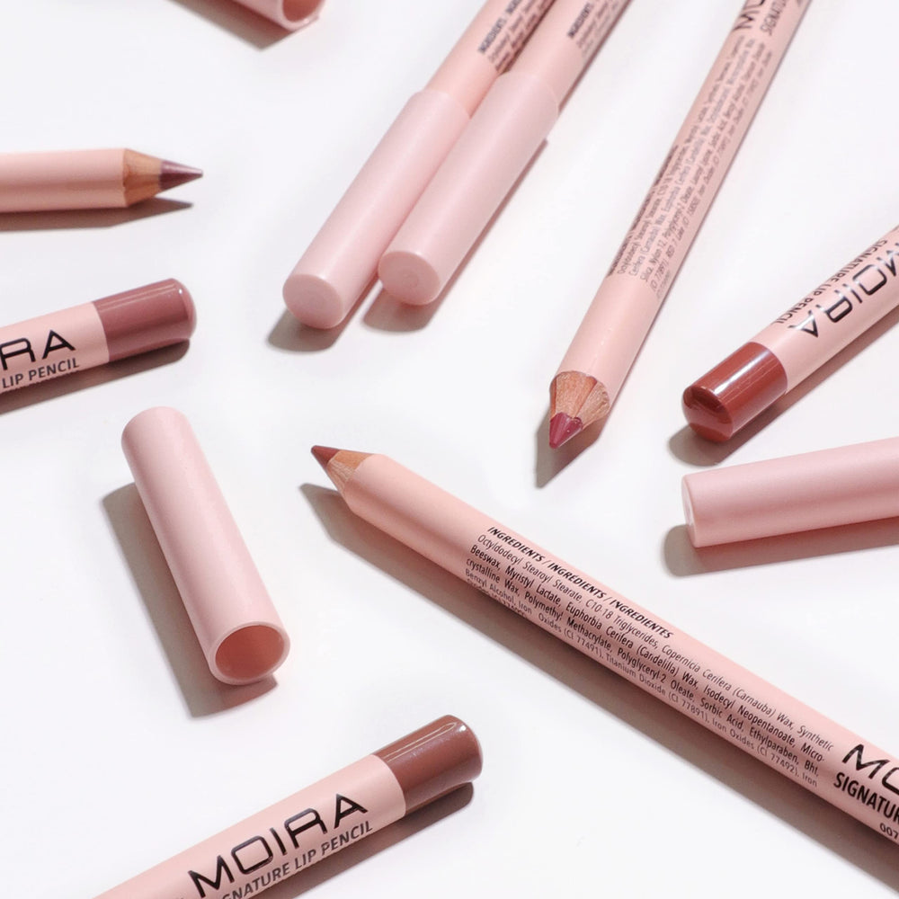 Moira lip pencil swatch on skin demonstrates creamy application and even color