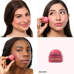 Moira Soft Blush Balm application closeup shows natural, warm flush.
