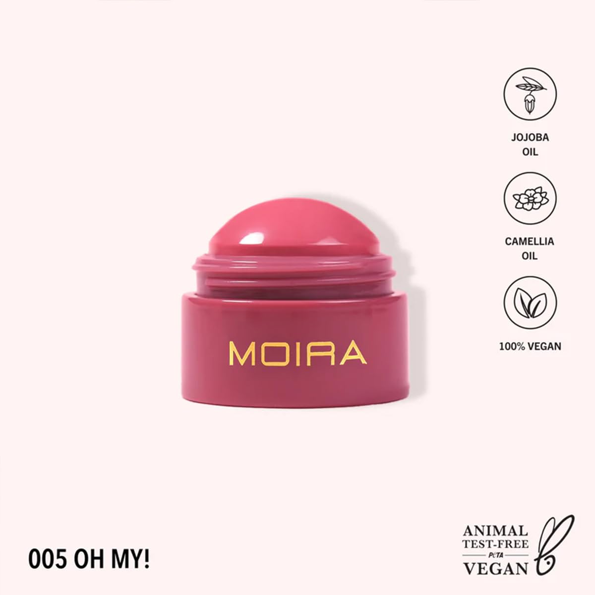Moira Soft Blush Balm texture close-up highlights creamy, blendable formula.