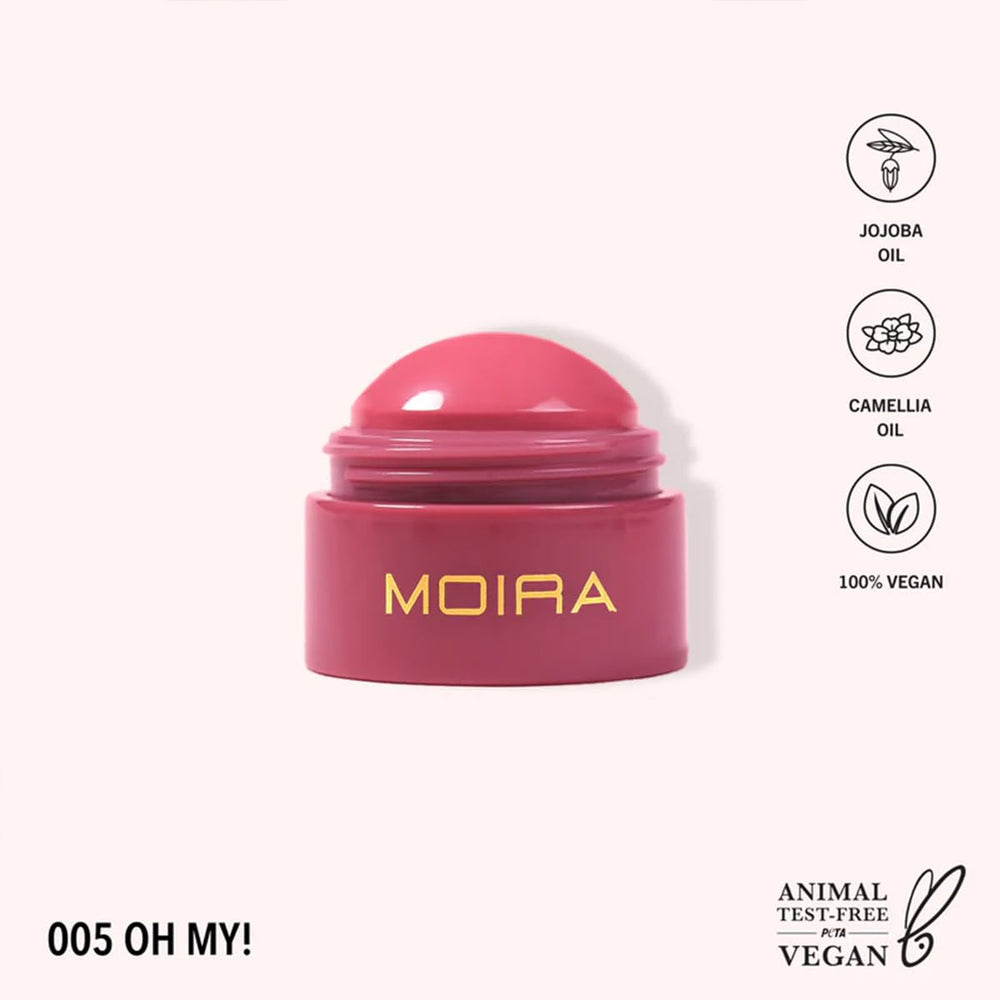 Moira Soft Blush Balm texture close-up highlights creamy, blendable formula.