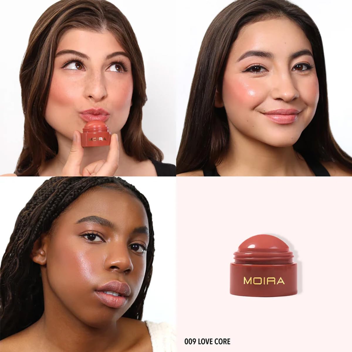 Moira Soft Blush Balm 009 Love Core applied on cheek for dewy glow.