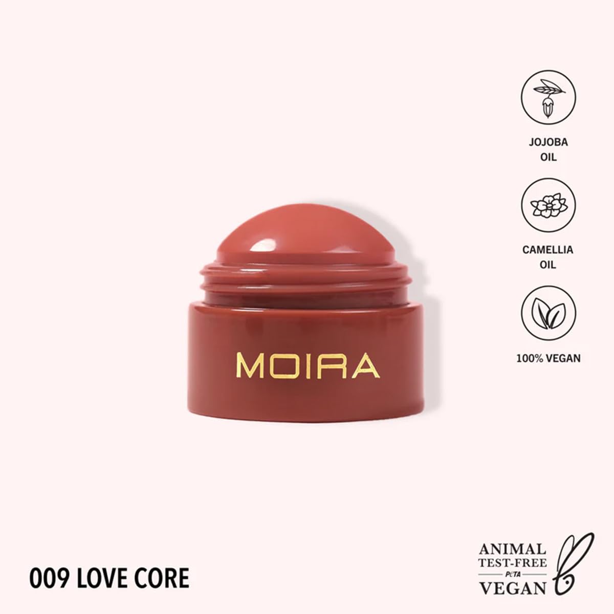Moira Soft Blush Balm 009 Love Core tube dispense for quick application.