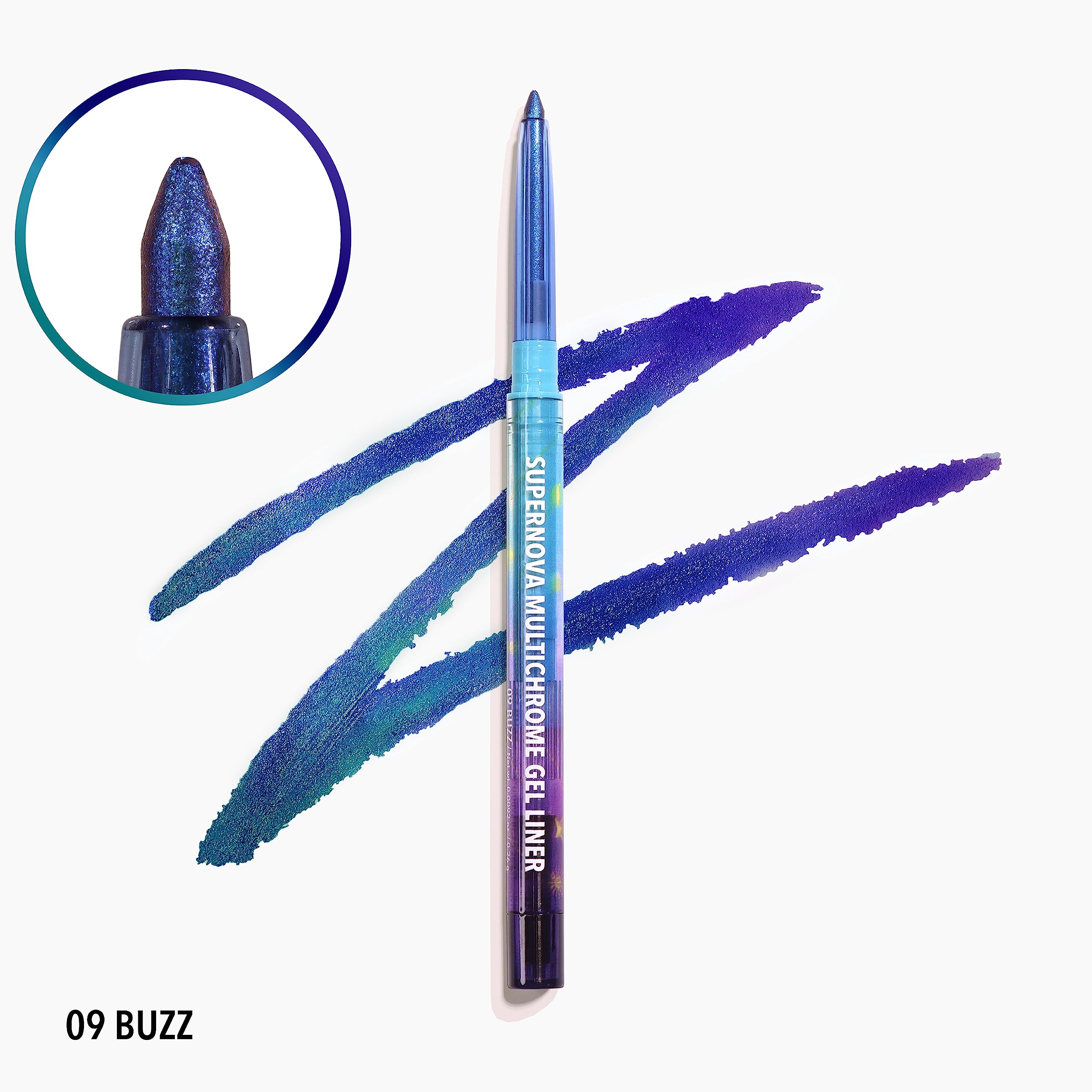 Moira Supernova Gel Liner 009 Buzz swatch shows shifting multichrome tones for vibrant eyes.