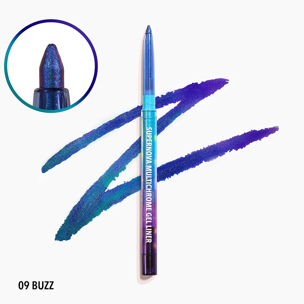 Moira Supernova Gel Liner 009 Buzz swatch shows shifting multichrome tones for vibrant eyes.