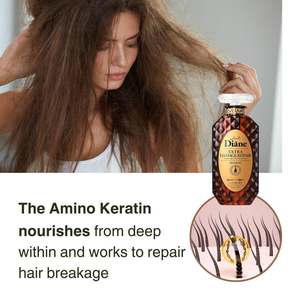 Moist Diane amino keratin repair supports damaged and color treated hair.
