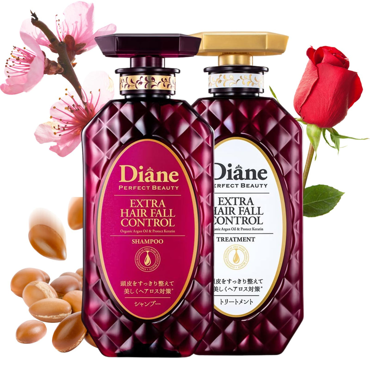 Moist Diane Hair Fall Control Shampoo bottle showing a scalp-friendly formula for fuller-looking hair.