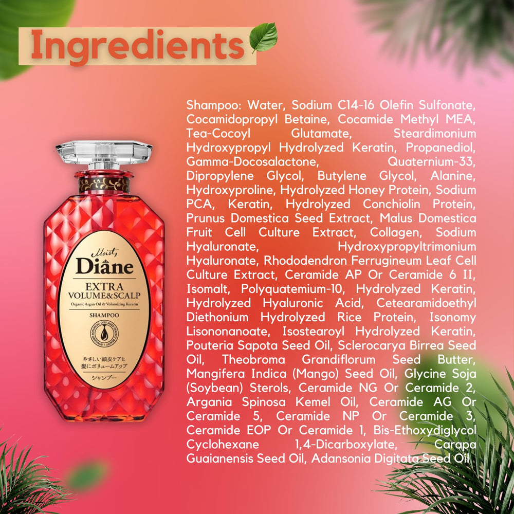 Moist Diane shampoo packaging with two bottles highlighting volume and scalp care