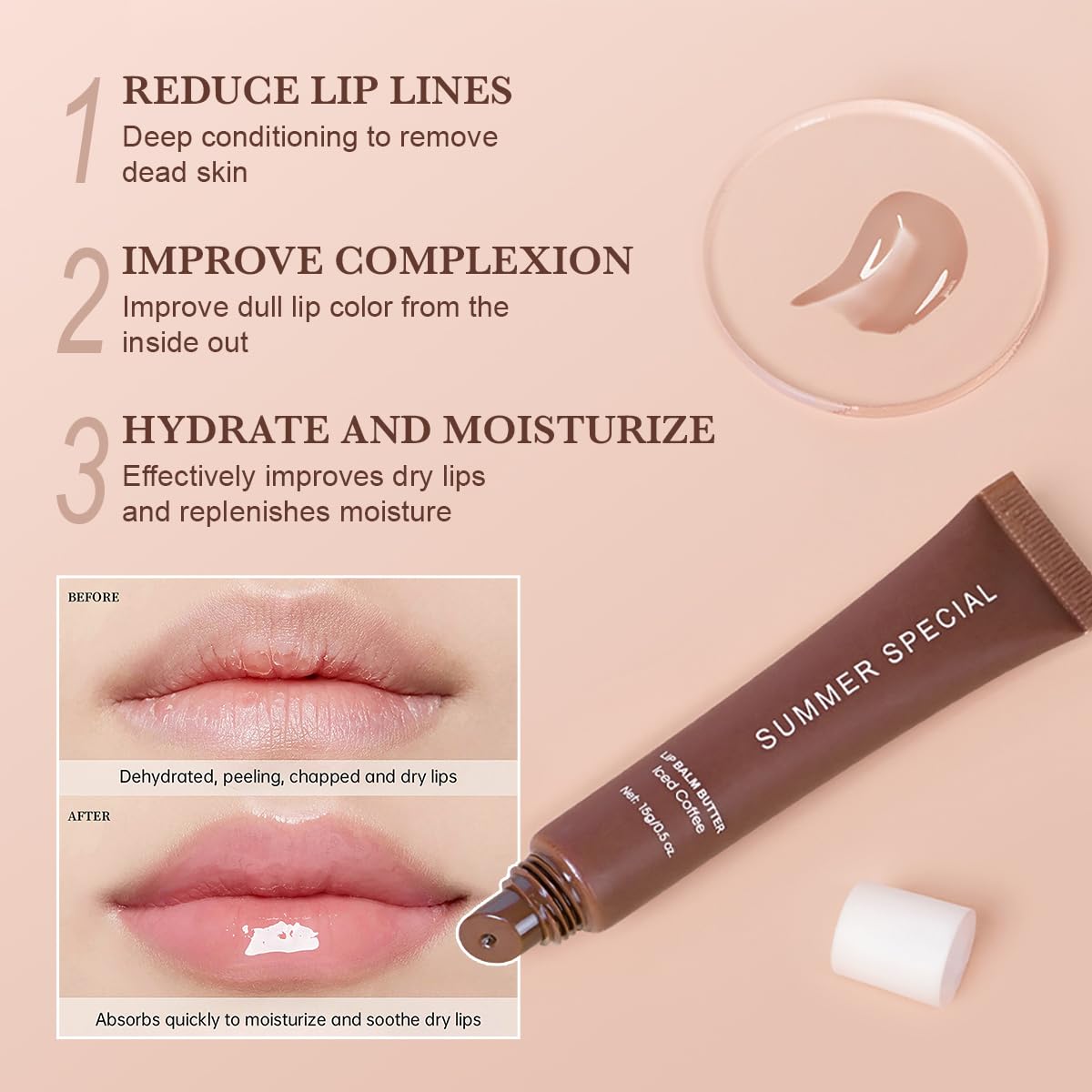 MoJinYuPm vanilla lip balm swatch on lips for natural hydration.