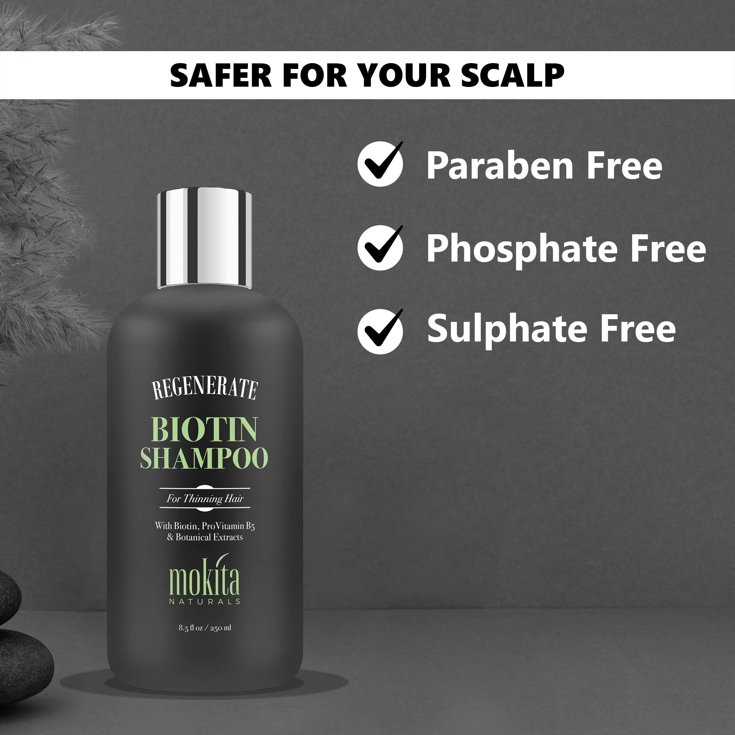 Mokita Naturals bottle on bathroom shelf conveys sulfate-free cleansing and premium care