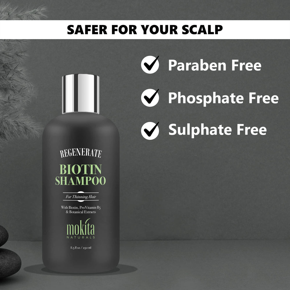 Mokita Naturals bottle on bathroom shelf conveys sulfate-free cleansing and premium care