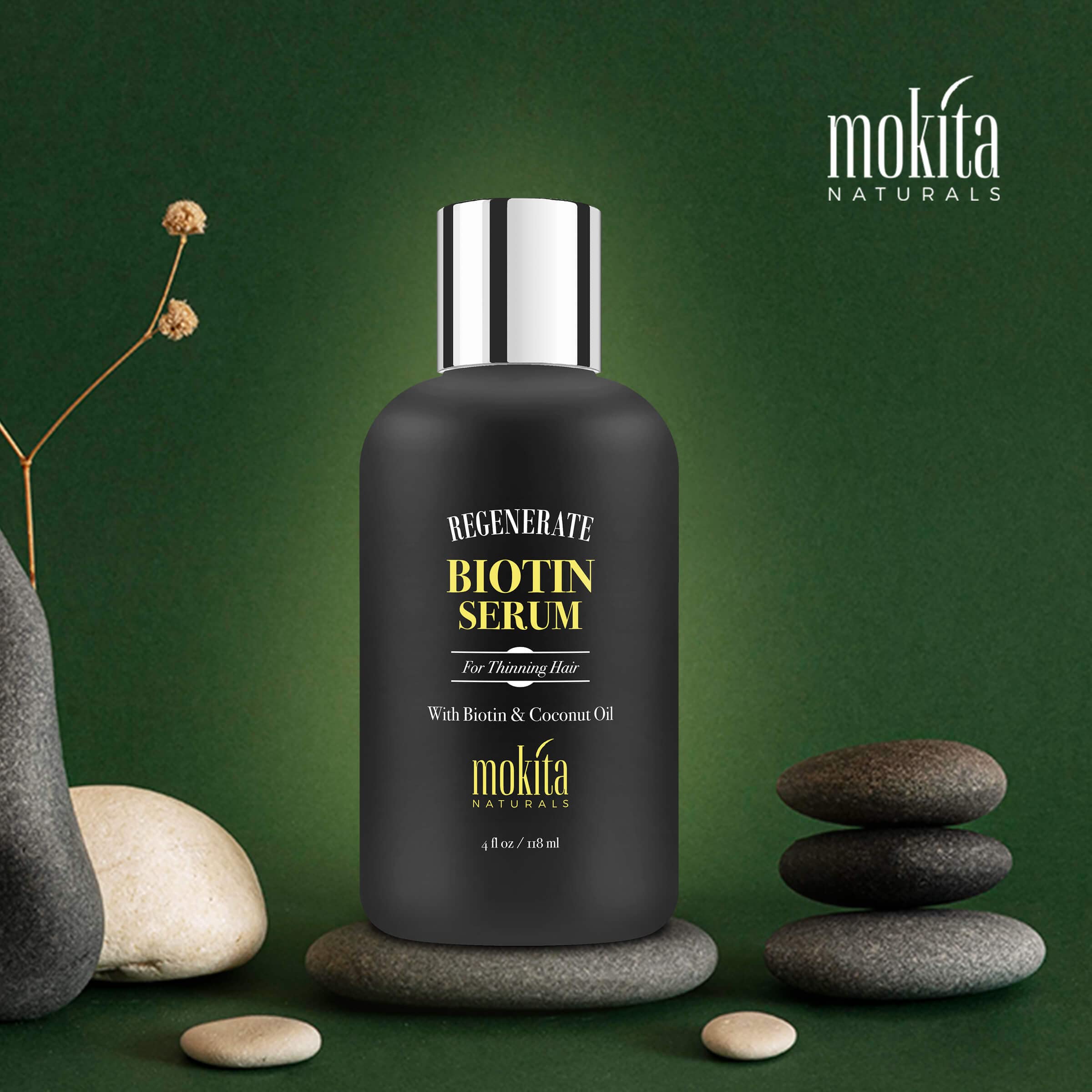 Mokita Naturals Hair Growth Serum application scene highlighting easy scalp massage.