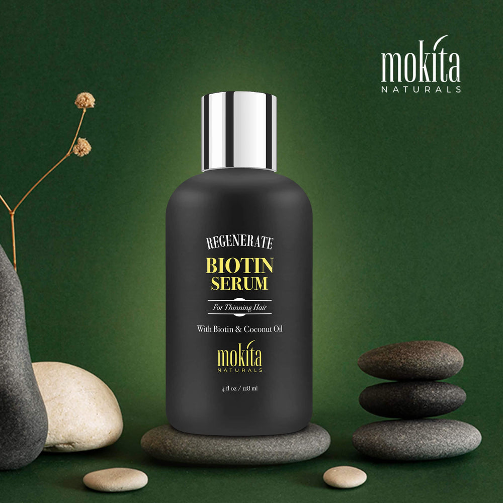 Mokita Naturals Hair Growth Serum application scene highlighting easy scalp massage.