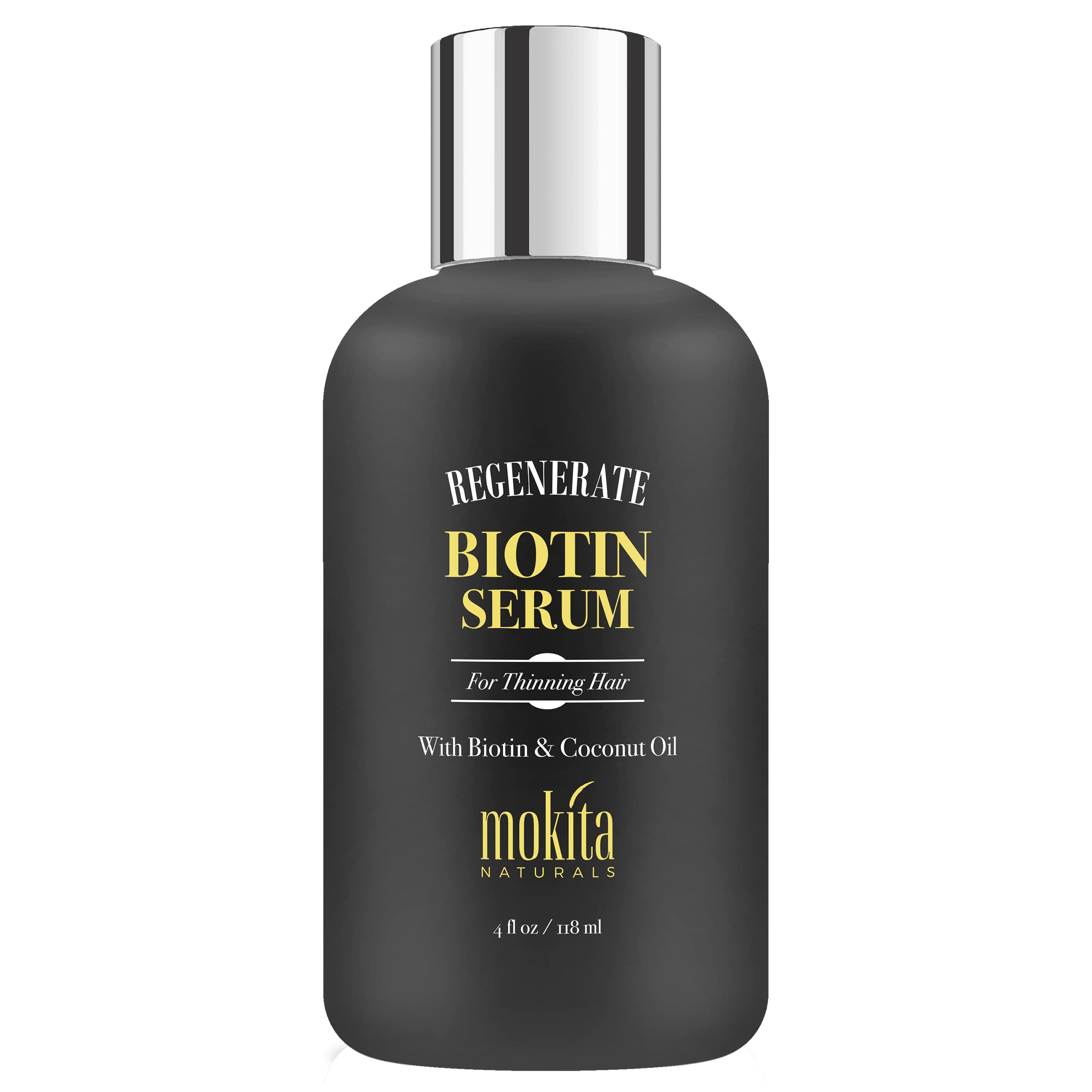 Mokita Naturals Hair Growth Serum bottle closeup showing weightless, non-greasy formula for daily use.