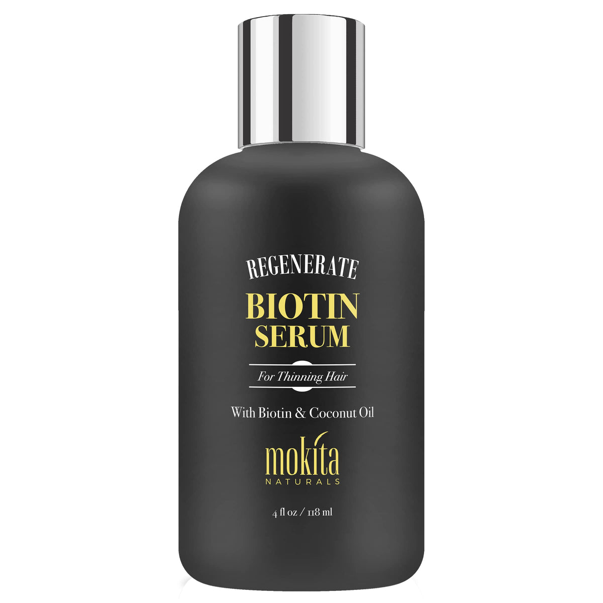 Mokita Naturals Hair Growth Serum bottle closeup showing weightless, non-greasy formula for daily use.