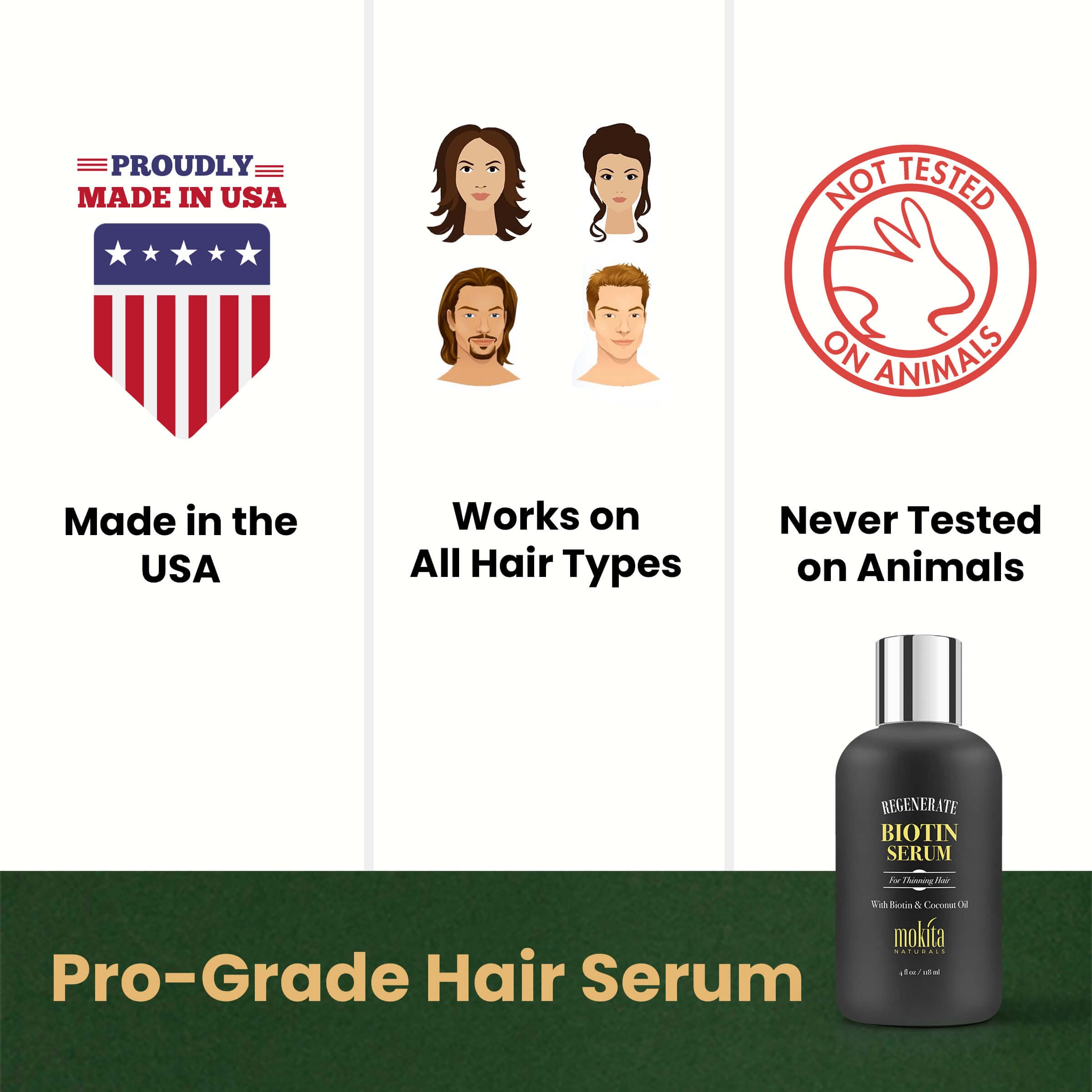 Mokita Naturals Hair Growth Serum ingredients botanical blend emphasizing biotin and coconut oil.