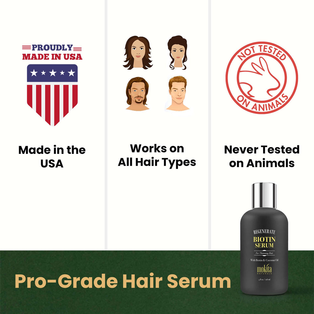 Mokita Naturals Hair Growth Serum ingredients botanical blend emphasizing biotin and coconut oil.