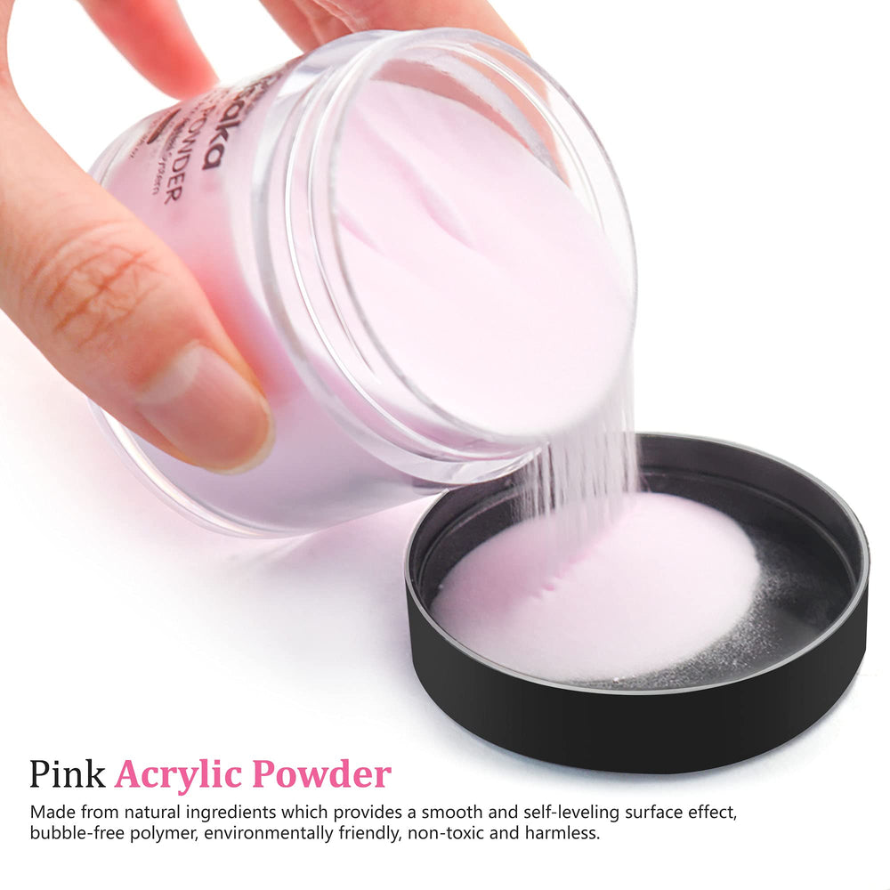 Molisaka pink acrylic powder kit beside top coat and brushes.