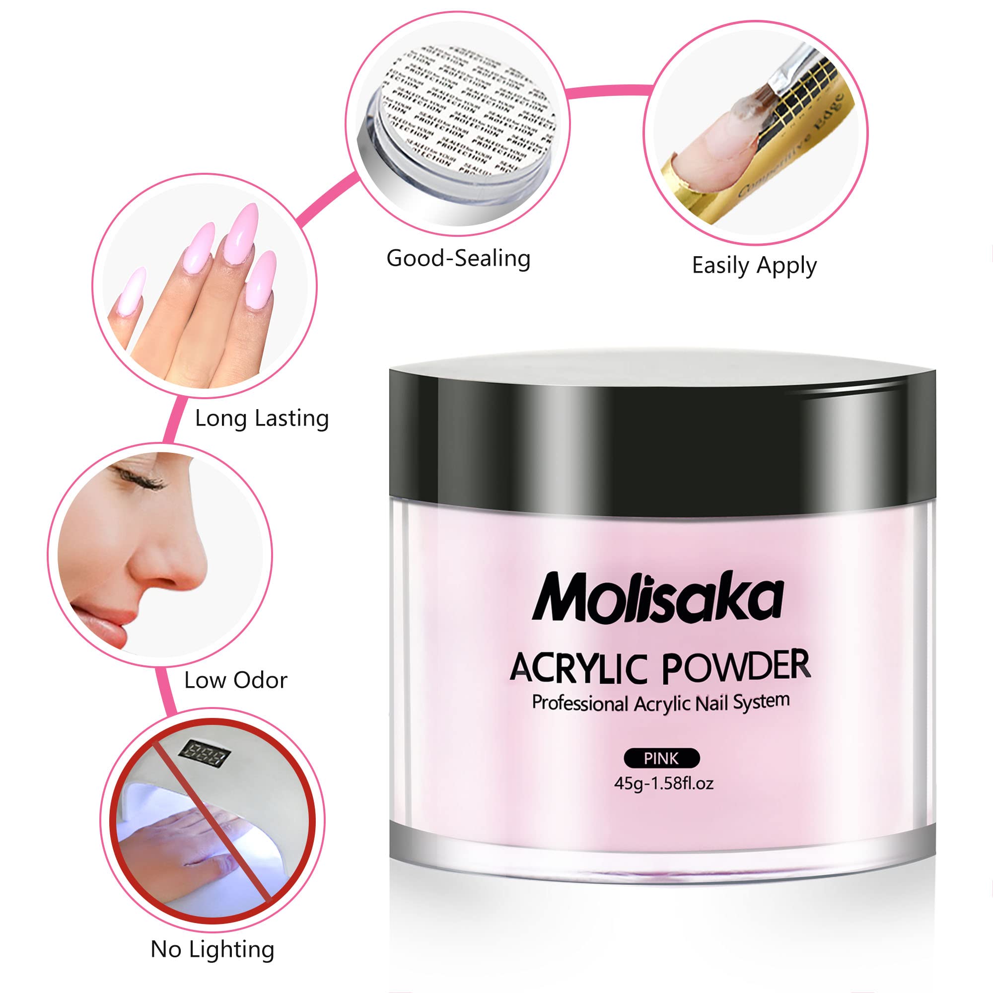 Molisaka long-wear pink acrylic powder displayed with manicure tools.