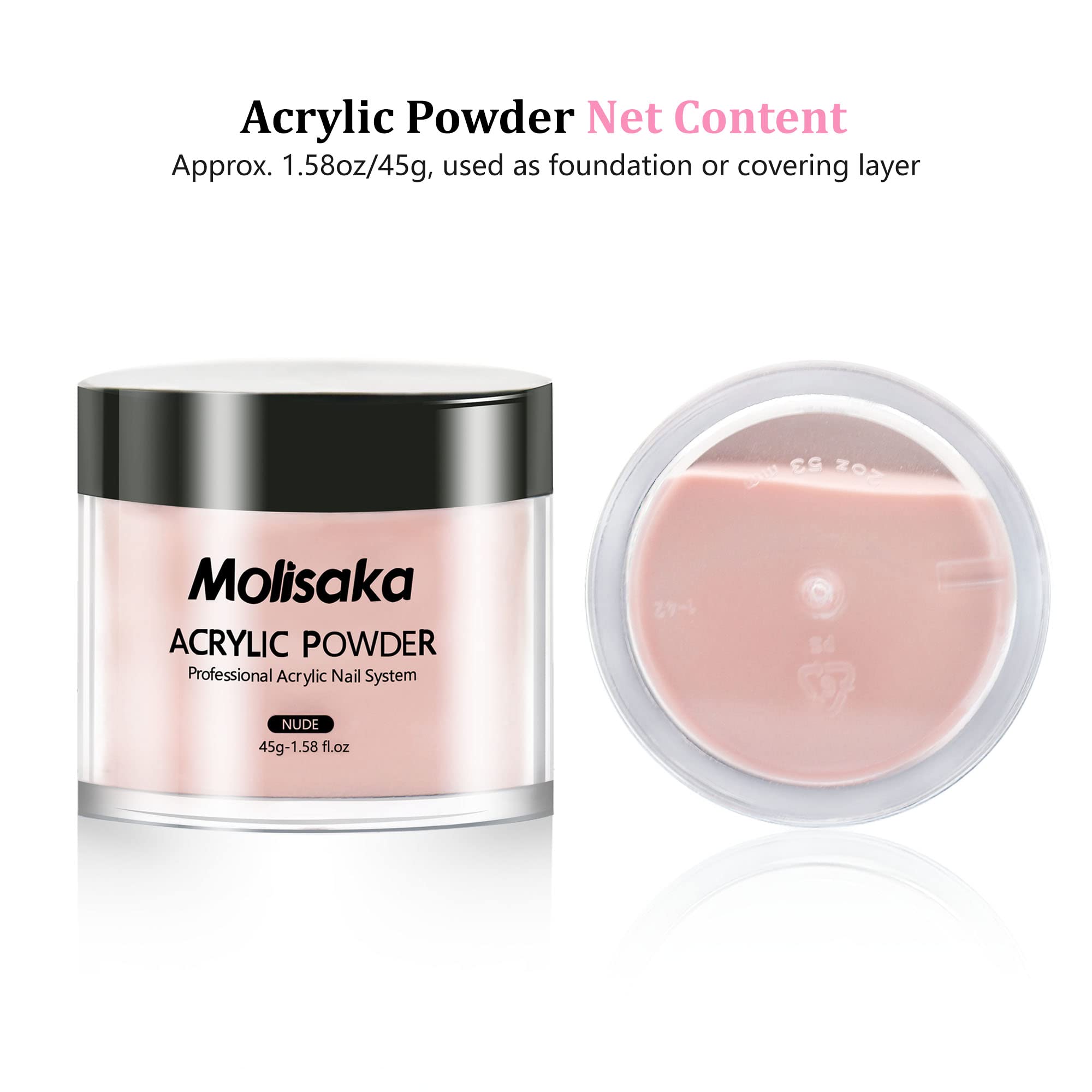 Molisaka nude acrylic powder dries in minutes for fast manicure sessions.