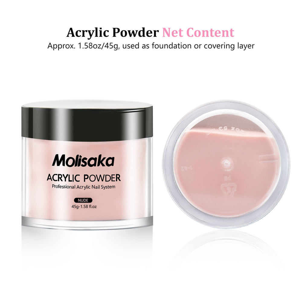 Molisaka nude acrylic powder dries in minutes for fast manicure sessions.