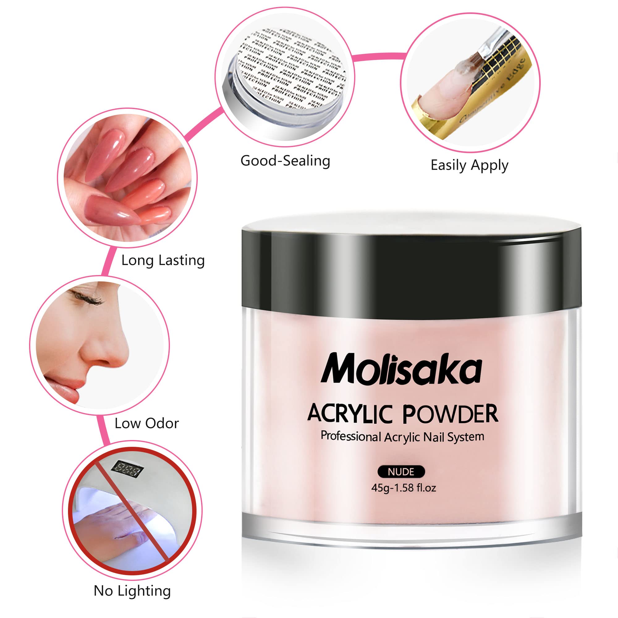Molisaka nude acrylic powder suited for French nails with natural-looking tips.