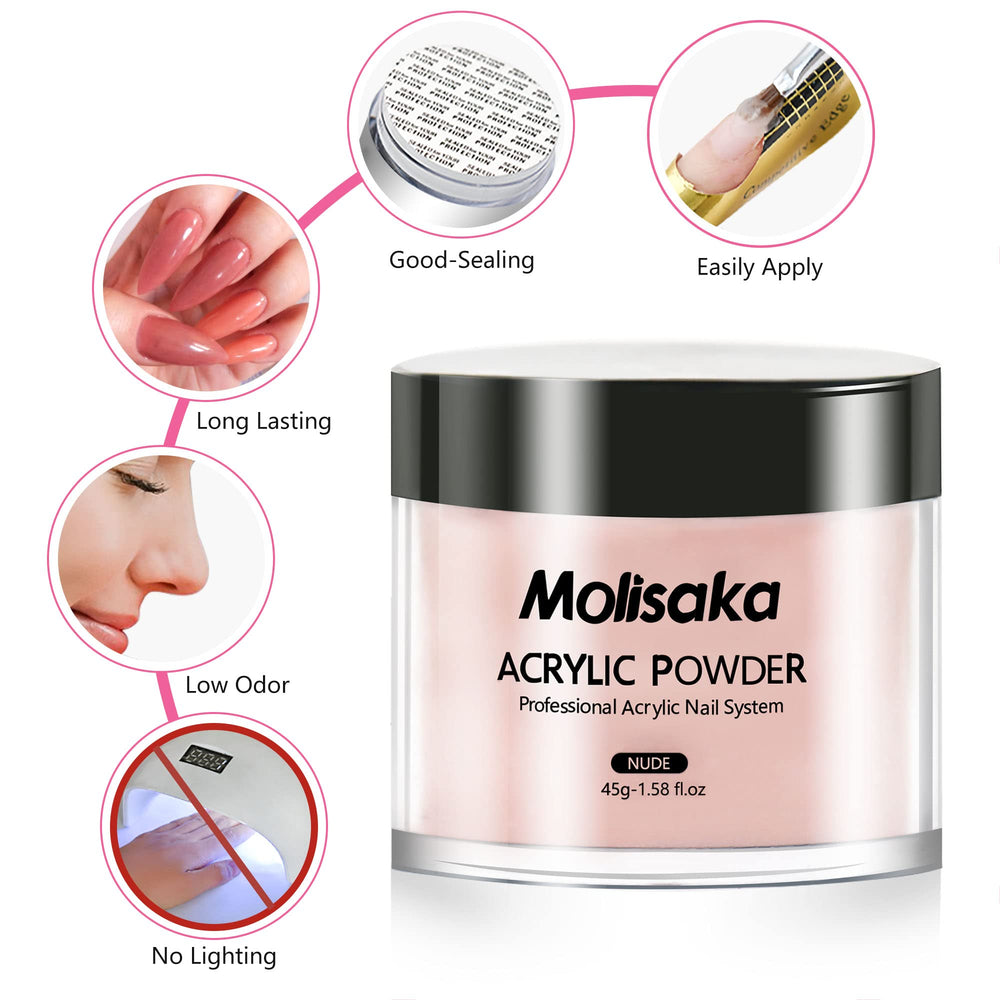 Molisaka nude acrylic powder suited for French nails with natural-looking tips.