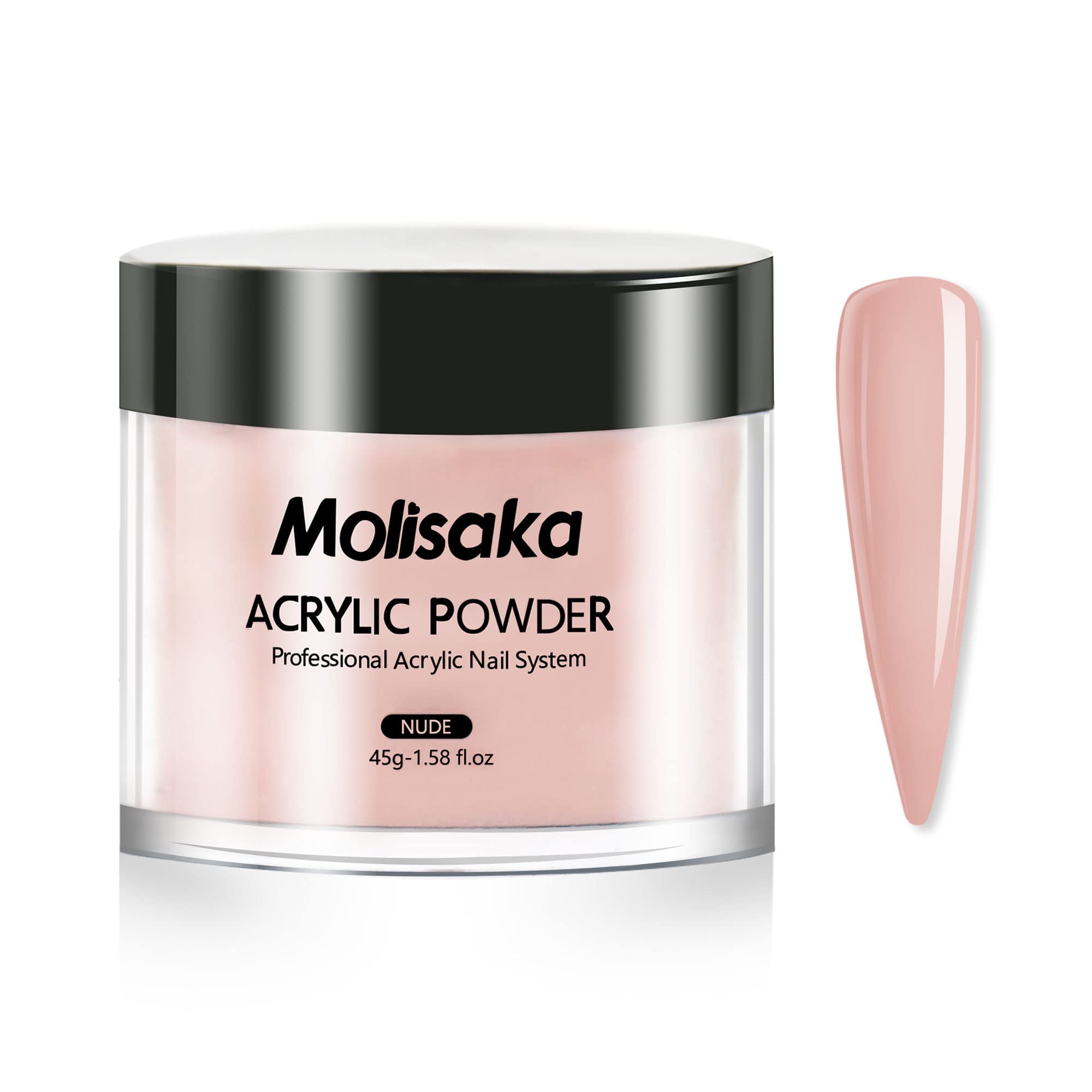 Molisaka nude acrylic powder packaging with 1.58oz jar for smooth, long-lasting finish.