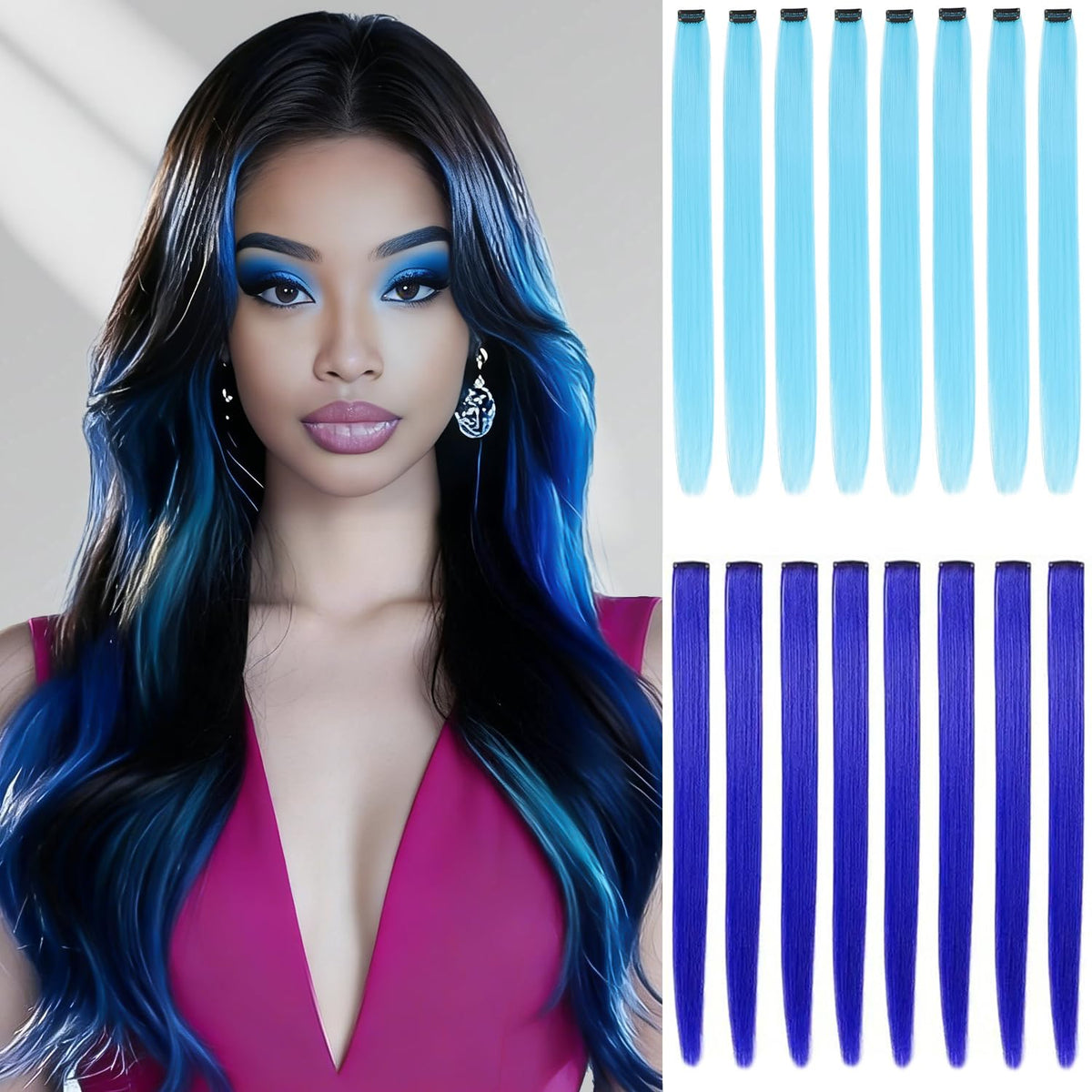 Molleas 16pcs blue-teal clip-in extensions add vibrant color and length for cosplay or daily wear.