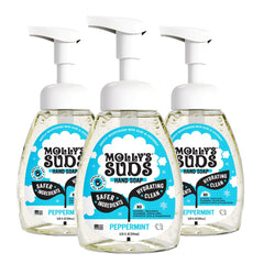 Molly's Suds foaming hand soap bottle with aloe and coconut oil for gentle cleansing.