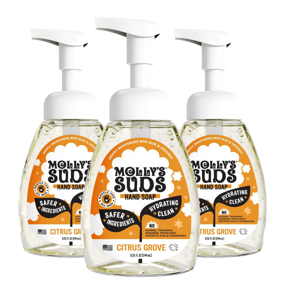 Molly's Suds Citrus Grove foaming hand soap bottle shown for gentle cleansing with aloe and coconut oil.