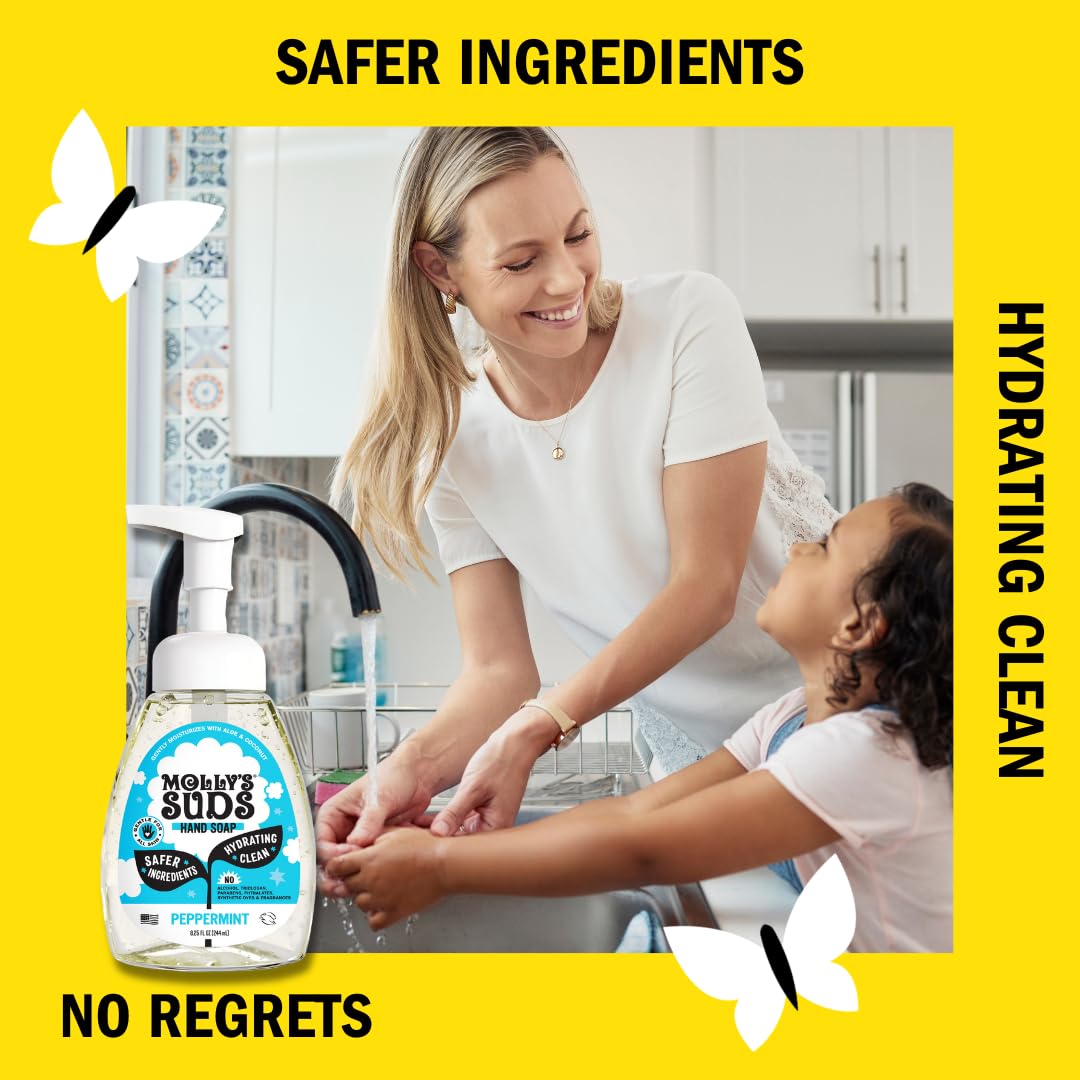 Three-pack display of Molly's Suds foaming hand soap for family use.
