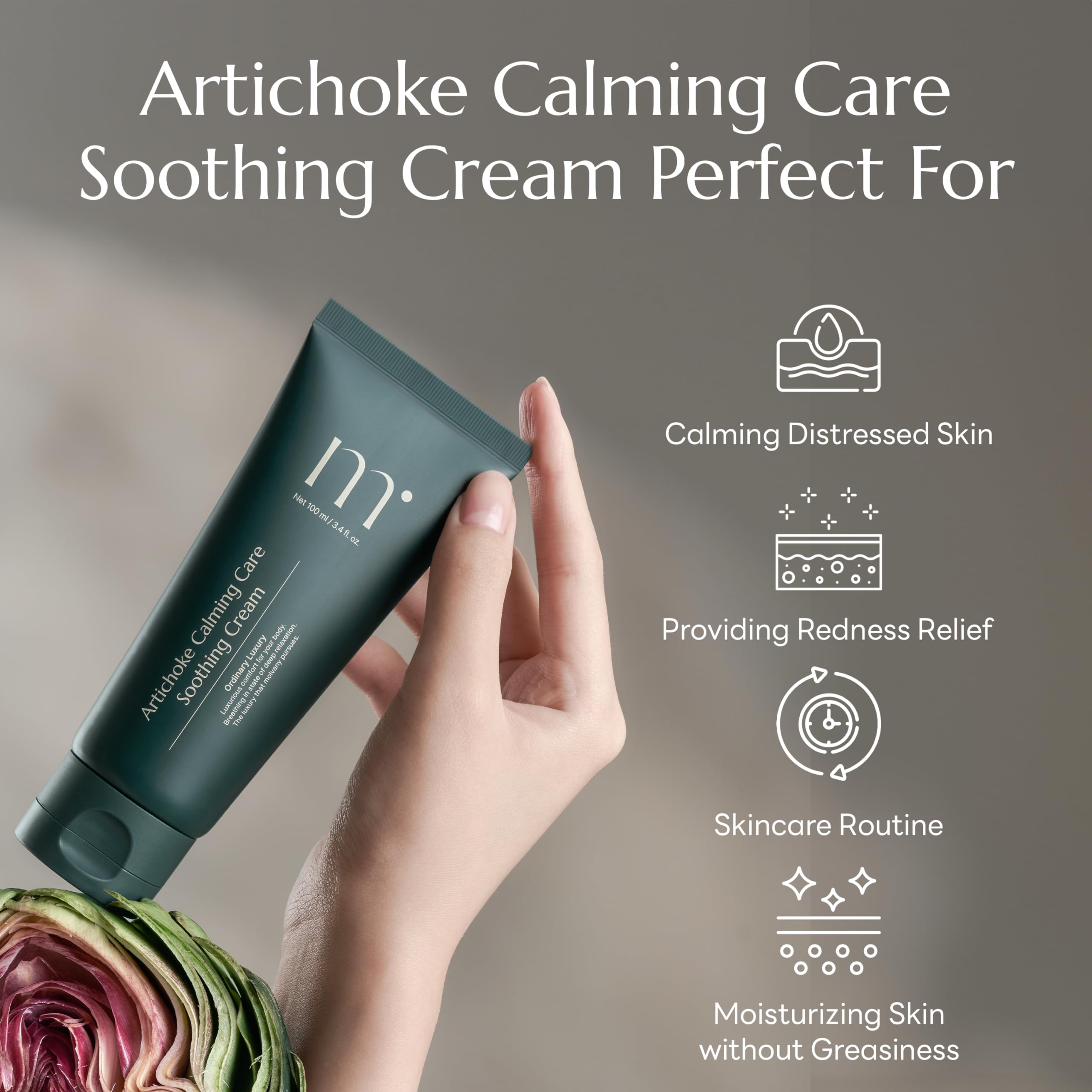 molvany Artichoke Calming Care exfoliation revealing cooling texture and refreshed skin.