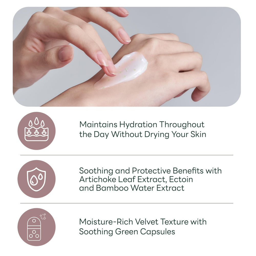 molvany Artichoke Calming Care on skin showing even hydration and soothing barrier support.